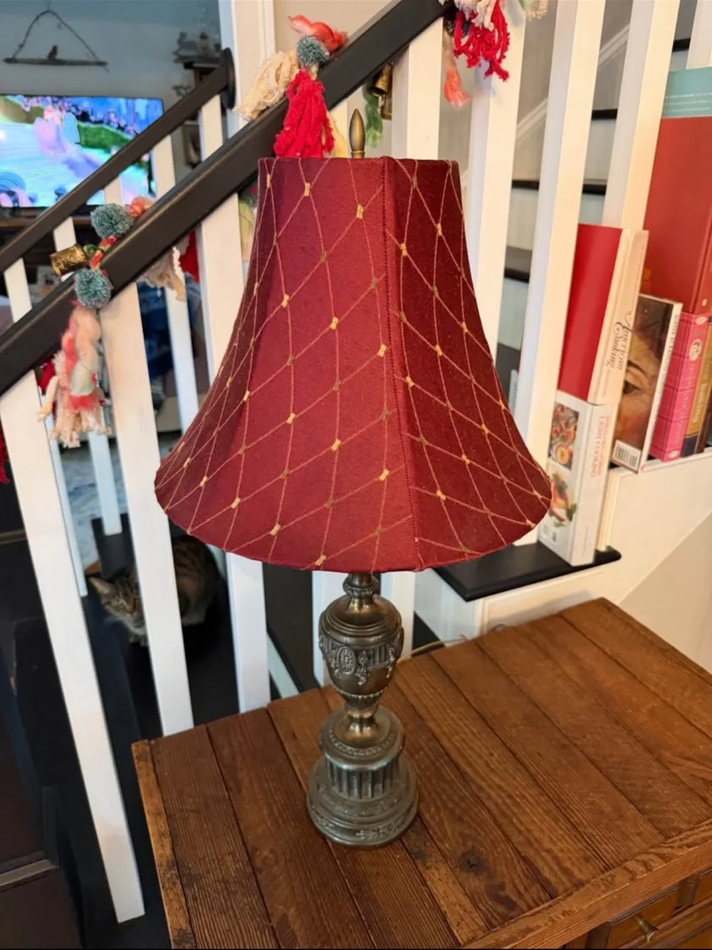 Classic Red Table Lamp with Ornate Bronze Base